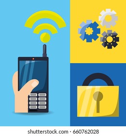 cellphone with wifi connect and gears with padlock