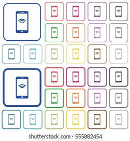 Cellphone with wireless network symbol color flat icons in rounded square frames. Thin and thick versions included.