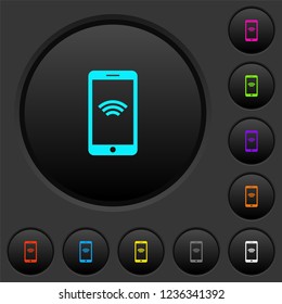 Cellphone with wireless network symbol dark push buttons with vivid color icons on dark grey background