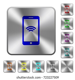 Cellphone with wireless network symbol engraved icons on rounded square glossy steel buttons
