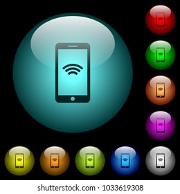 Cellphone with wireless network symbol icons in color illuminated spherical glass buttons on black background. Can be used to black or dark templates