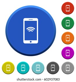 Cellphone with wireless network symbol round color beveled buttons with smooth surfaces and flat white icons