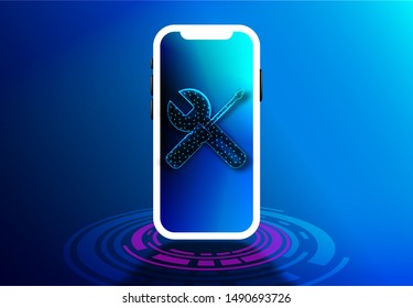 cellphone with wrench / tunning tool. Service Smartphone concept.