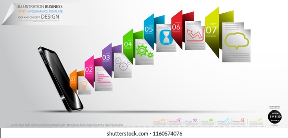 Cellphone,Folder Colorful icon, Illustration Business Steps Infographics Template  Idea and concept design text. 