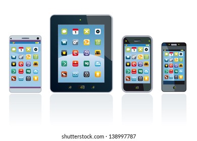 Cellphones and digital Tablet  with Applications Cellphone, tablet and applications are fictitious generic design
