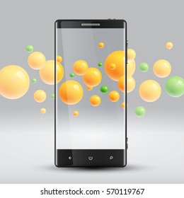 Cellphone's enhanced saturation presentation by colorful spheres behind, vector illustration