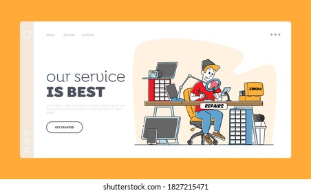 Cellphones, Mobile Phones Fixing Service Landing Page Template. Male Character Assembling or Repair Broken Technics. Man Sitting at Desk Fix Device with Soldering Iron. Linear Vector Illustration