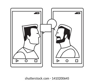 cellphones showing a man avatar cartoon character portrait and speech bubbles black and white vector illustration graphic design