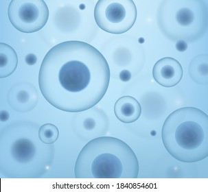 Cells background. Molecular research pathogenic microorganisms round cell banner, genetic hi tech microbiology scientific medicine illustration, blue organic 3d macro spheres in liquid vector concept