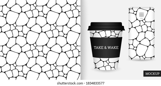 Cells seamless pattern. Hand drawn pattern. Black and white abstract stones background. Vector illustration. Repeating stone texture. Elegant ornament. Modern design textile, paper, wallpaper. Mockup.