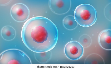 Cells under a microscope. Research of stem cells. Cellular Therapy. Cell division. Vector illustration on a light background