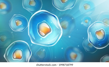 Cells under a microscope. Research of stem cells. Cellular Therapy. Cell division. Vector illustration on a light background