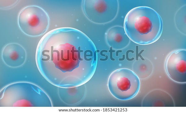 Cells\
under a microscope. Research of stem cells. Cellular Therapy. Cell\
division. Vector illustration on a light\
background
