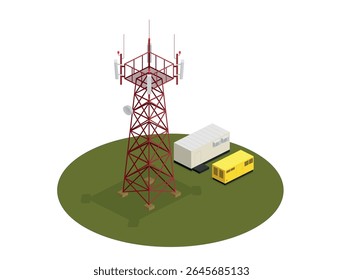 Cellular communication base station. LTE, 4G, 5G base station with tower, antennas, shelter and diesel generator isometric vector illustration