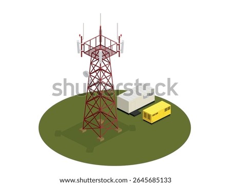 Cellular communication base station. LTE, 4G, 5G base station with tower, antennas, shelter and diesel generator isometric vector illustration
