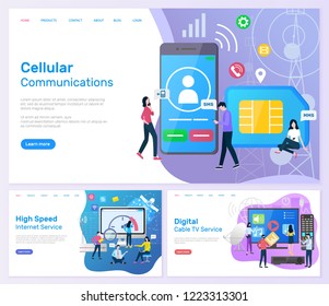 Cellular communication, high speed internet service web set vector. Digital cable tv, people enjoying modern technologies online. Smartphone and users