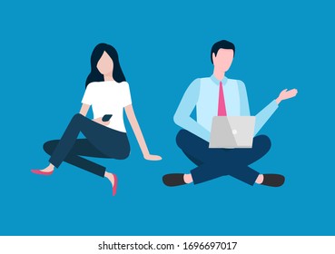 Vector de comunicación celular, hombre y mujer usando laptop y smartphone para trabajo y entretenimiento. Hombres trabajando en computadoras hembra charlando en línea