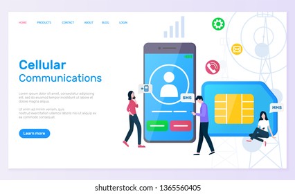 Cellular communication vector, people with smartphone screen showing profile of user and calling icon, sim card messaging and texting call cell. Website or webpage template, landing page flat style