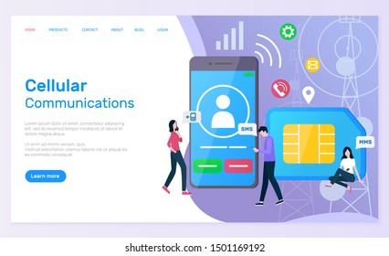 Cellular communication vector, people with smartphone screen showing profile of user and calling icon, sim card messaging and texting call cell. Website or webpage template, landing page flat style