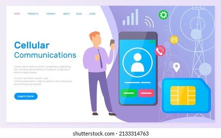 Cellular communication webpage concept of world global intercommunication with long distance. Mobile phone with icons sim card and businessman pointing on smartphone with incoming call sign