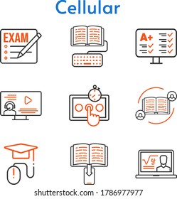 cellular icon set. included exam, feedback, professor, ebook, test, instructor, homework, elearning icons. bicolor styles.