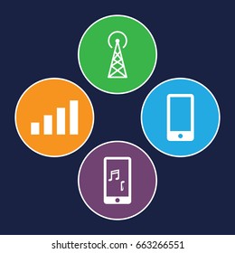 Cellular icons set. set of 4 cellular filled icons such as signal tower, mobile phone music, phone