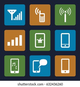 Cellular icons set. set of 9 cellular filled icons such as signal tower, poker on phone, phone, signal
