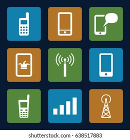 Cellular icons set. set of 9 cellular filled icons such as signal tower, poker on phone, phone