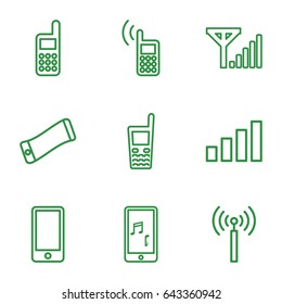Cellular icons set. set of 9 cellular outline icons such as signal tower, old phone, mobile phone music, signal