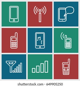 Cellular icons set. set of 9 cellular outline icons such as signal tower, old phone, mobile phone music, signal