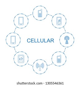 cellular icons. Trendy 8 cellular icons. Contain icons such as old phone, signal, mobile phone music, phone, Poker on phone. cellular icon for web and mobile.