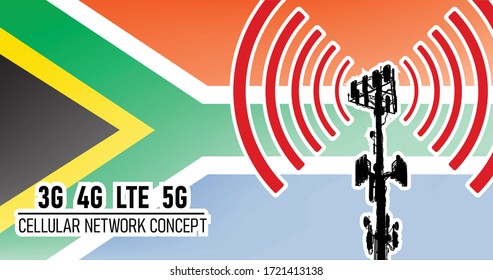 Cellular Mobile Network Tower Connection Concept For South Africa, Vector Illustration Of 3g 4g LTE 5g Harmful Waves From The Tower, Danger Of 5G Networks Idea With Colors Blue, Red, Green, Gold