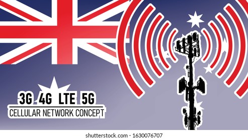 Cellular Mobile Tower - Connection Network Concept For Australia, Vector Illustration Of 3g 4g LTE And 5g Dangerous Waves From The Cell Tower, Risk Of 5G Idea In Colors Blue, Red, White