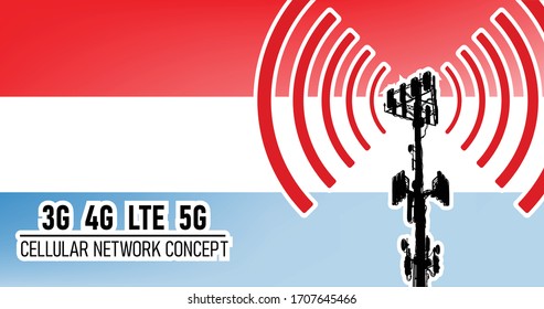 Concepto de red de conexión móvil celular para los Países Bajos, ilustración vectorial de ondas peligrosas 3g 4g LTE y 5g desde la torre celular, riesgo de idea 5G en colores rojo, azul, blanco