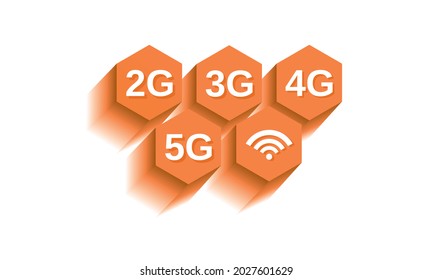 Cellular network evolution 3G, 4G, 5G on hexagon buttons