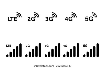 cellular network signal settings. mobile network power icon set. 2g, 3g, 4g, 5g and LTE network. no full range or signal icon set. UX UI mobile icon signal strength set