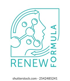 Rótulo de fórmula de renovação e restauração celular em contorno - restauração da estrutura da epiderme - anti-envelhecimento cosméticos e cosméticos emblema de medicamentos - sinal de vetor isolado azul
