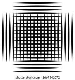 Grados celulares, retirados, celosías. Cuadrícula, elemento de malla. matriz de líneas de intersección de superposición de bisectas, franjas. patrón geométrico monocromo, elemento blanco y negro. Intersectar franjas rectas, paralelas