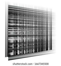 Zelluläres, retikulatiertes Grate, Gitter. Gitter, Maschenelement. Reihe von Keksen überlappen Schnittlinien, Streifen. geometrisches einfarbiges, schwarz-weißes Element, Muster. Zwischengerade, parallele Streifen