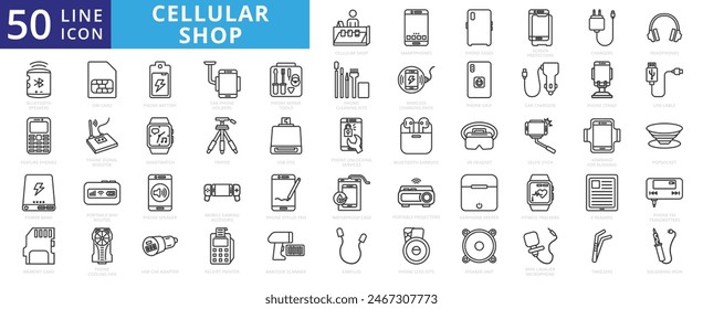 Cellular shop icon set with smartphones, phone cases, screen protectors, chargers, headphones and speakers.