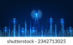Cellular technology located on the smart city is pixelated. Smart city concept with signal towers for people in the city to access information. Send business communications smoothly.