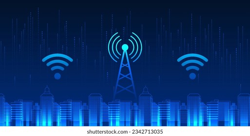 Cellular technology is located in a smart city with wifi icon. A smart city concept with towers to provide city people with access to information. Send business communications smoothly.