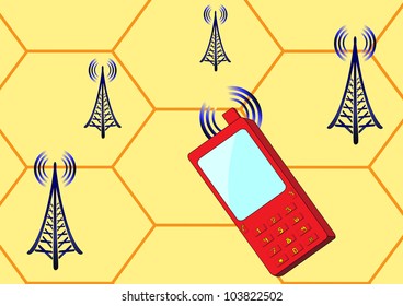 Cellular telephone and radio stations send signals to each other. Vector illustration on EPS 8