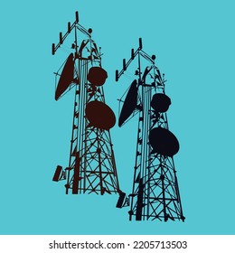 Cellular tower transmission, silhouette antenna communication satellite, radio signal tower