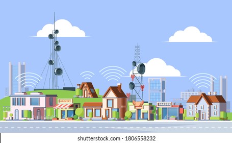 Cellular towers in city illustration. Communication towers next to residential buildings distribute internet and telephony round large signal transmitters on antennas digital cells. Global vector.