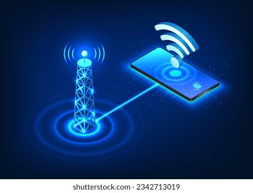 Zelluläre Türme sind Technologien, die Signale in Mobiltelefone aussenden, um überall zu kommunizieren.Es ist ein isometrisches Bild eines Zellturms, der ein Signal an ein Handy mit einem WiFi-Symbol sendet.