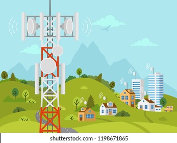 Cellular transmission tower in front of landscape. Wireless radio signal connection with houses and buildings through obstacles. Mobile communications tower with satellite communication antennas.