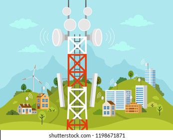 Cellular transmission tower in front of landscape. Wireless radio signal connection with houses and buildings through obstacles. Mobile communications tower with satellite communication antennas.