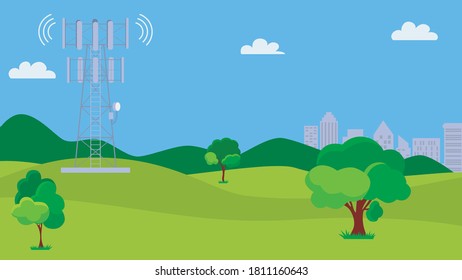 Cellular transmission tower. Wireless radio signal connection with buildings. Mobile communications tower with satellite communication antennas. Landscape wireless tower. Television radio cellular. 