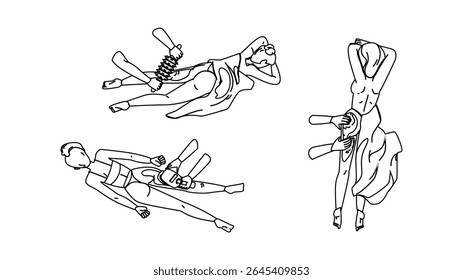 cellulite anticellulite massage vector. wood leg, treatment legs, spa model cellulite anticellulite massage character. people black line pencil drawing illustration